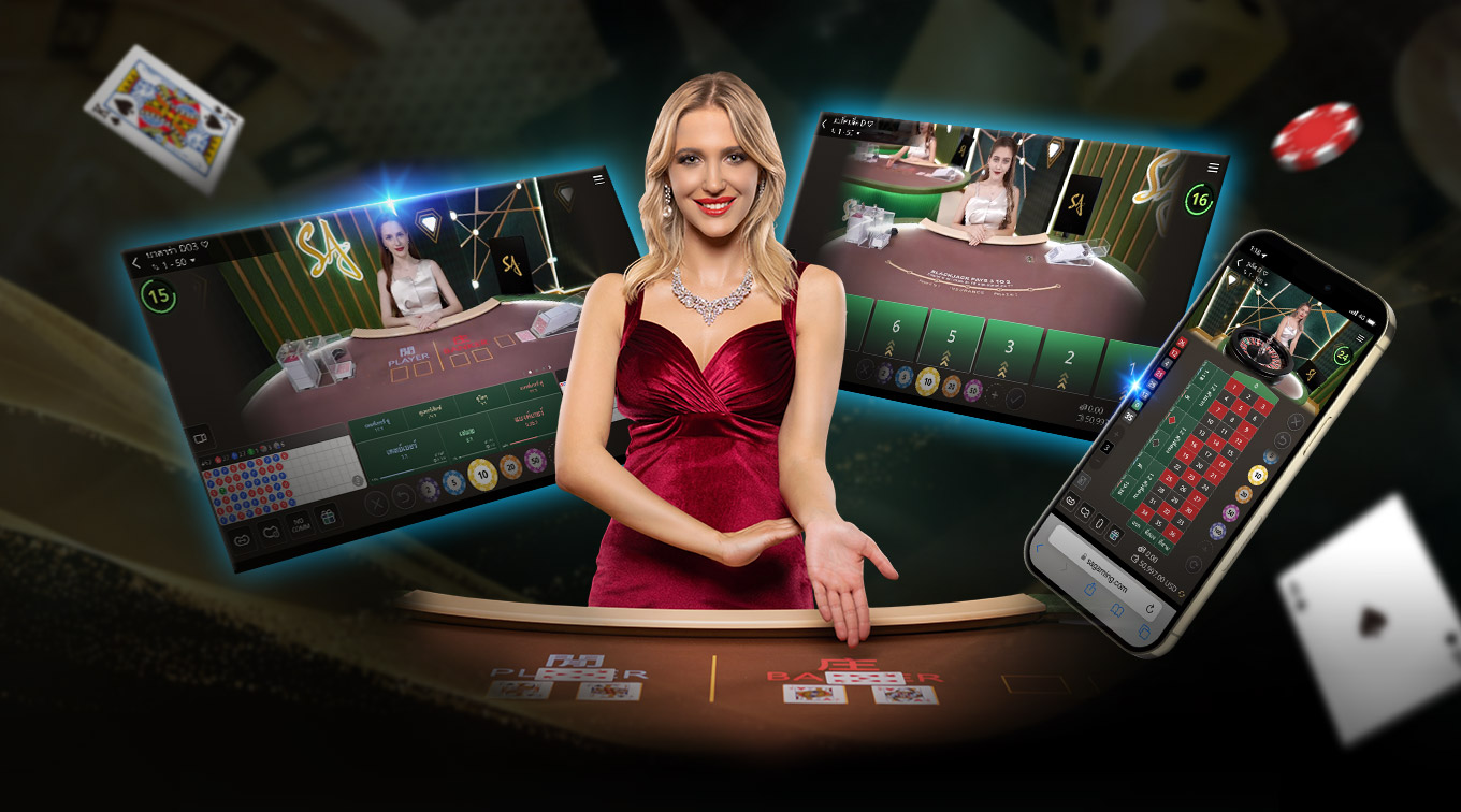 A graphic showcasing 'SA Gaming' with a woman in a red dress at the center. Surrounding her are two screens displaying online blackjack tables and a smartphone with game graphics. The background features a casino setting.