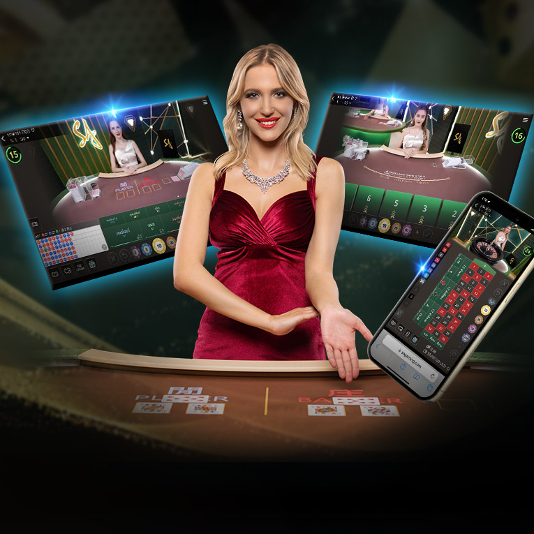 A graphic showcasing 'SA Gaming' with a woman in a red dress at the center. Surrounding her are two screens displaying online blackjack tables and a smartphone with game graphics. The background features a casino setting.